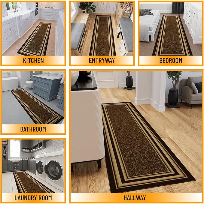 Ottomanson Hallway Runner Rug 2'7" x 9'6" Non Slip Border Area Rugs Easy to Clean Laundry Rug Runner Durable & Pet Friendly Floor Carpet Runners for Hallways Entryway Living Room Kitchen, Brown