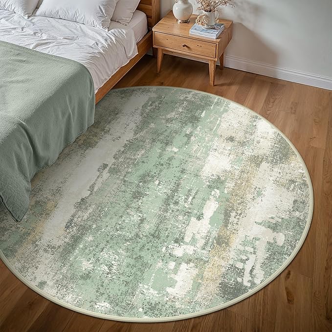 Round Rugs 6FT for Living Room Bedroom, Modern Abstract Machine Washable Circle Rug, Soft Low Pile Floor Cover with Non Slip Backing for Dining Room, Light Green