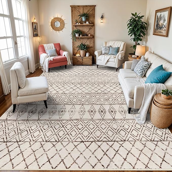 9x12 Washable Area Rugs - Moroccan Area Rug for Living Room Modern Rugs Large Stain Resistant Carpets Soft Indoor Home Thin Rug for Bedroom Dining Room Office 9x12 Geo Beige