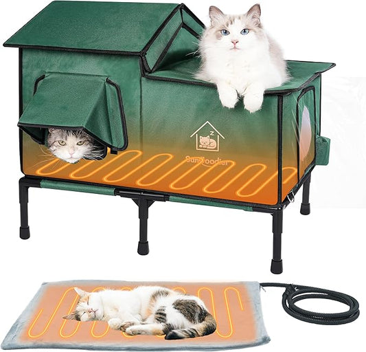 Heated Cat House for Outside, Heated Cat Bed with Cat Heating Pad, Large Outdoor Cat House Weatherproof for 2-3 Pets Up to 55lbs for Garden, Patio, or Backyard (Green-L)
