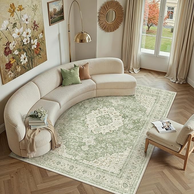 6x9 Green Washable Vintage Area Rug for Living Room Bedroom Soft Tranditional Non Slip Large Throw Rug Lightweight Floral Low Pile Distressed Carpet Office Playroom Home Decor