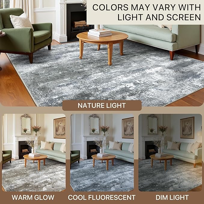 Area Rugs 6x9 for Living Room Bedroom, Modern Abstract Machine Washable Rug, Large Soft Low Pile Floor Carpet with Non Slip Backing for Dining Room, Silver Grey