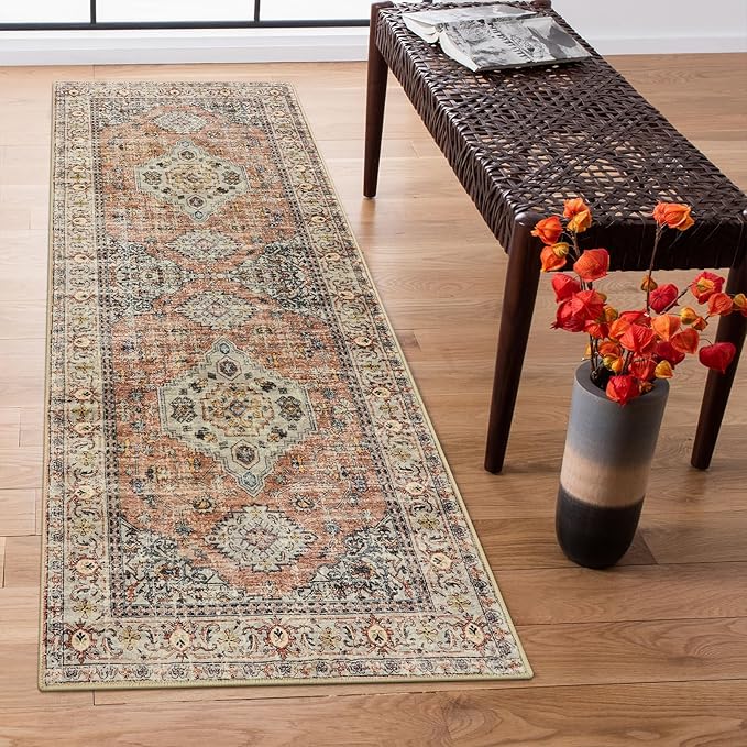 Lahome Oriental Washable Rug Runners for Hallways, 2x5 Kitchen Runner Rug Non Slip with Rubber Backing Ultra-Thin Vintage Carpet for Bedroom Bathroom, Peach/Orange