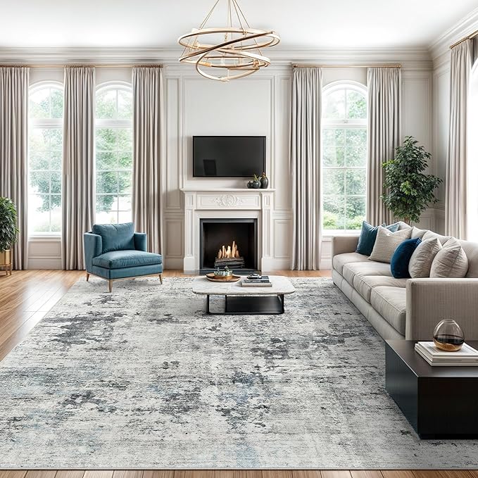 Abstract Rug 8x10 Large Living Room Rugs Neutral Modern Washable Area Rugs for Bedroom Dining Room Non-Slip Stain Resistant Foldable Thin Rug Gray Blue