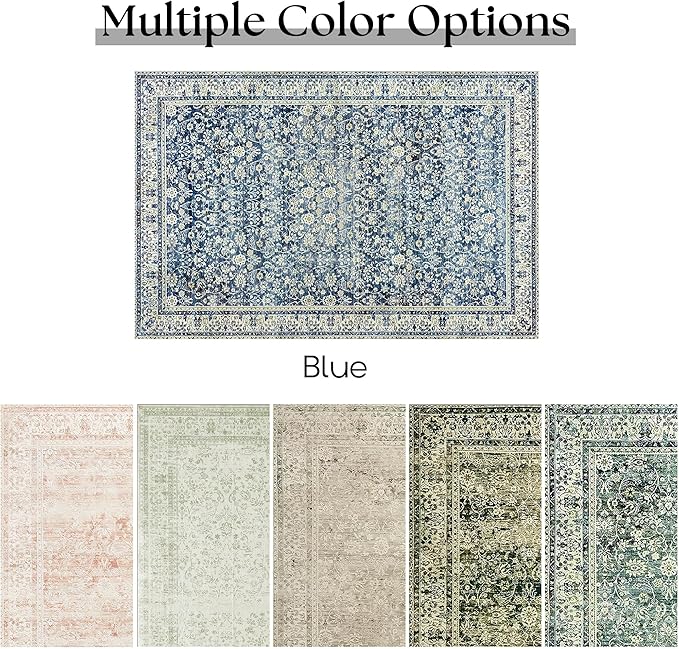 Blue Area Rugs 5x7 Vintage Boho Flower Distressed Low Pile Rug with Rubber Backing Dark Blue Non Slip Stain Resistant 5x7 Washable Rug for Living Room Bedroom Dining Room Carpet for Under Table