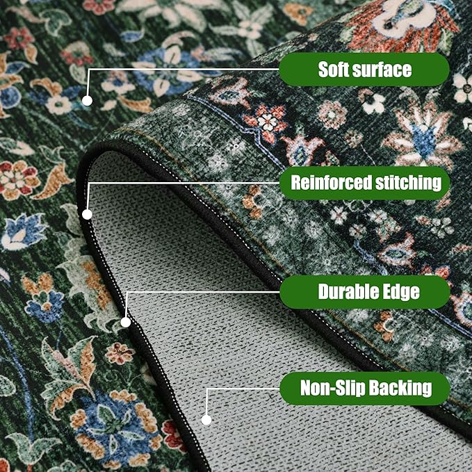 6x9 Vintage Rugs for Dining Room, Washable Rugs Non Slip Large Area Rug for Living Room Bedroom Office, Floor Decoration Big Rug Low-Pile Kid & Pet Friendly(Dark Green