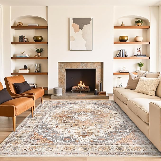 5x7 Area Rugs for Living Room,Stain Resistant Washable Rug,Non-Slip Backing Rugs for Bedroom,Kitchen,Printed Vintage Home Decor Rug (Turmeric/Grey, 5'x7')