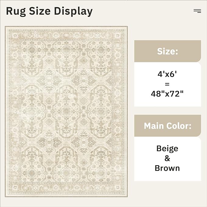 4x6 Area Rugs for Living Room, Vintage Washable Rugs for Dining Room, Bedroom, Home Office Decor, Non-Slip Beige/Brown Carpet Thin Rug