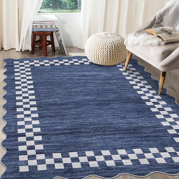 GarveeHome 8x10 Area Rug for Living Room Scalloped Washable Large Bedroom Rug Non Slip Stain Resistant Modern Border Dining Room Throw Carpet Scalloped Boho Rug for Home Decor Office Nursery, Blue