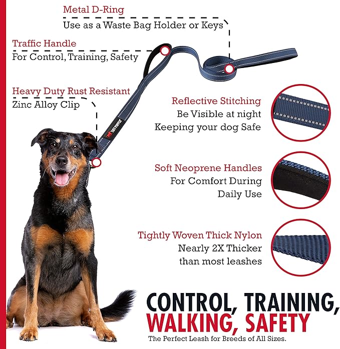 Tuff Pupper Heavy Duty Double Handle Leash | Twist Locking Carabiner Clip | Safety Lock for Strong Dogs | Reflective for Safe Night Walks | 6 Foot Leash | For Medium & Large Dogs