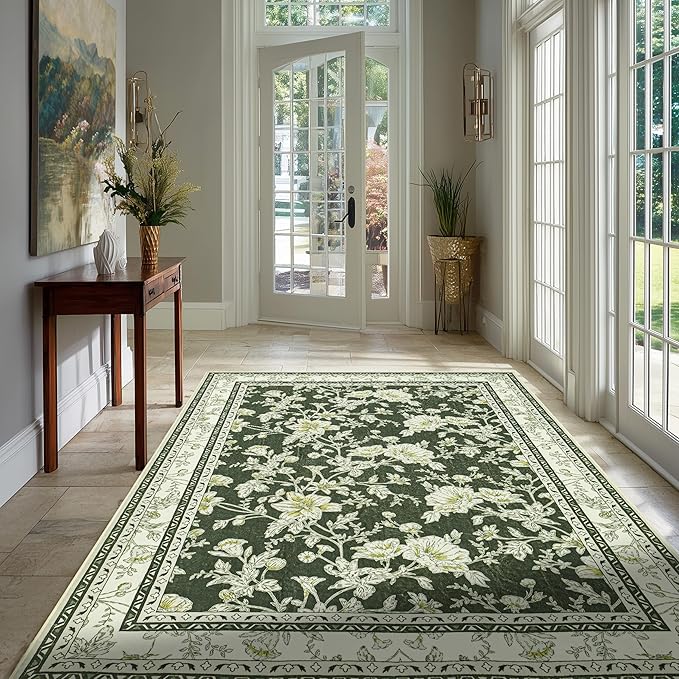 Olive Green Floral Print Area Rugs for Bedroom Living Room Boho Farmhouse Country Rustic Dining Room Carpet Soft Washable Rugs Non Slip Floor Covering for Nursery Playroom 3x5