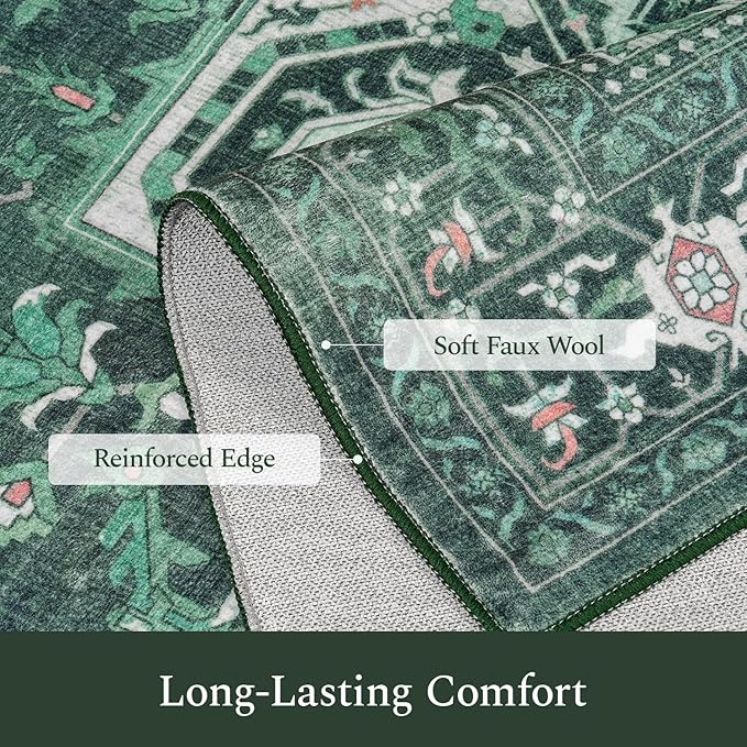 Rugflix 6x9 Area Rugs for Living Room, Machine Washable Rug Non Slip Stain Resistance, Large Rug Vintage Distressed Soft Carpet for Bedroom, Dining Room, Home Office, Green
