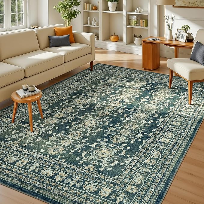 Lessymo 5x7 Area Rugs for Living Room, Machine Washable Non Slip Rug, Soft Low Pile Carpet for Bedroom Dining Home Office, Vintage Dark Green Distressed Floral Floor Mat