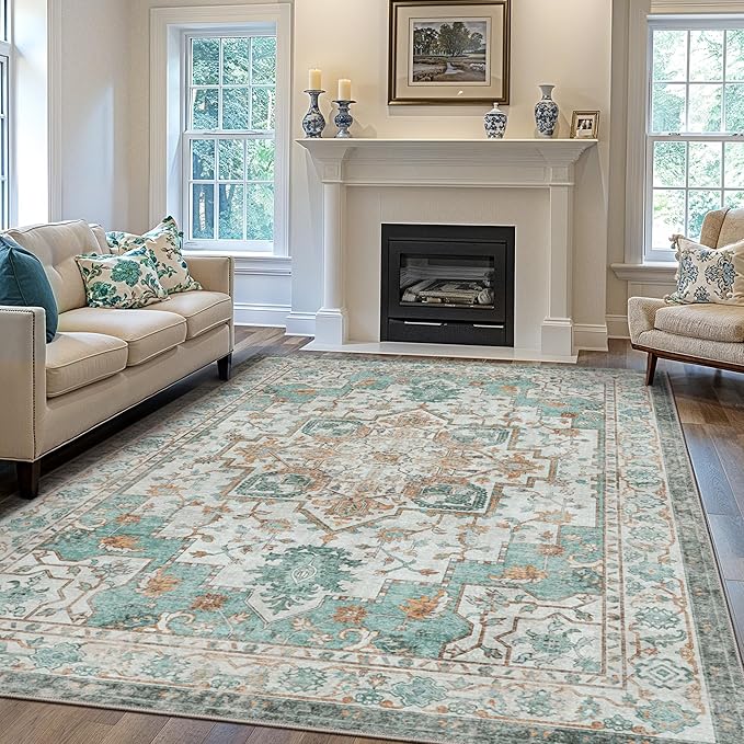 GENIMO 3x5 Area Rugs for Living Room, Machine Washable Non Slip Vintage Rugs, Low Pile Lightweight Chenille Print Rug for Bedroom, Dining Room, Home Office, Cyan