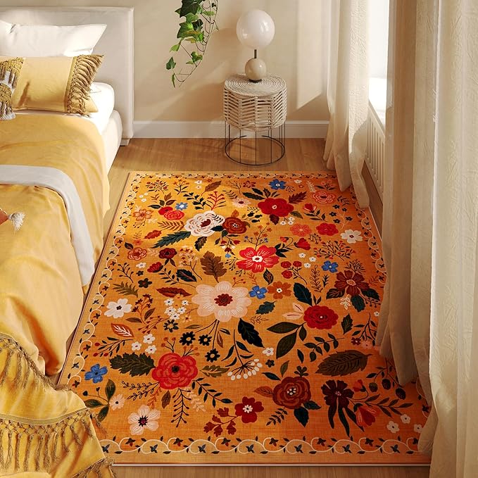 Rugcomf Area Rug 4x6 Rug Washable Boho Rugs Non Slip Low Pile Floral Small Carpet for Bedroom, Bedside, Kids Room, Office, Dining Room(Yellow)