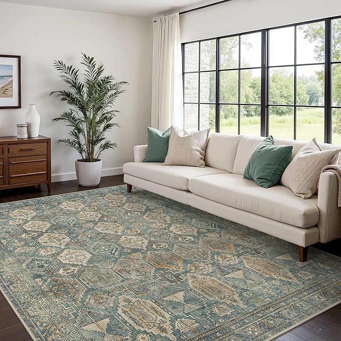 Bavni Washable Rug 5x7 Area Rug for Living Room Bedroom Dining, Washable Vintage Print Carpet, Ultra-Thin Low Pile Lightweight Rug with Non Slip Backing, Teal