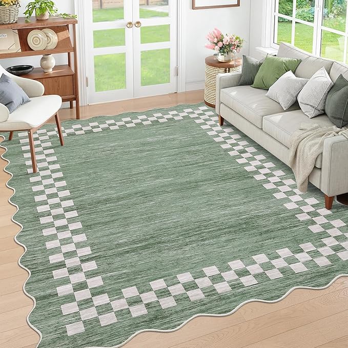 GarveeHome Washable Rug 5x7 for Living Room Large Bedroom Scalloped Rug Non Slip Stain Resistant Modern Border Throw Carpet Soft Boho Rug for Dining Room Nursery Home Office, Green