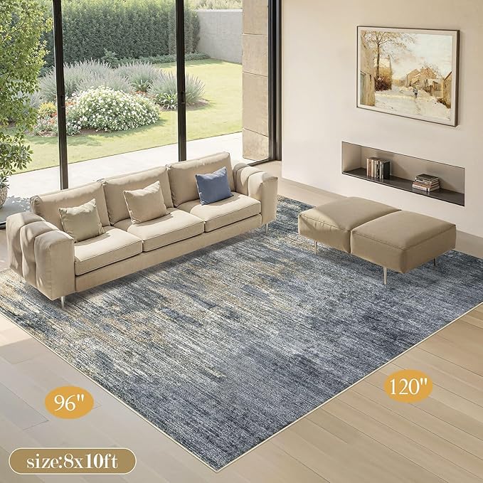 Area Rugs for Living Room: 8x10 Abstract Washable Rug Modern Neutral Large Soft Stain Resistant Non-Slip Backing Machine Table for Bedroom Dining Room Indoor Home Office Carpet - Blue Gold