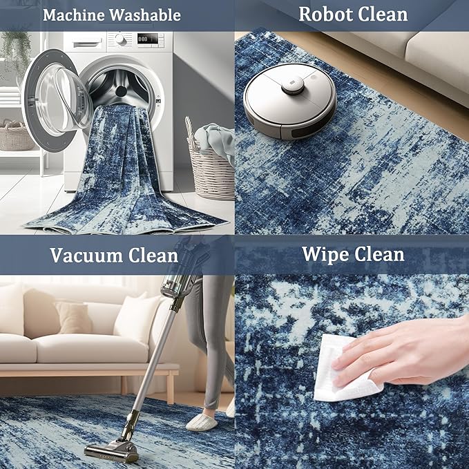 8x10 Area Rug Living Room Rugs - Washable Rug Large Modern Abstract Soft Thin Carpets Indoor Floor No Slip Vintage Carpet for Bedroom Under Dining Table Nursery Home Office Decor Deep Blue
