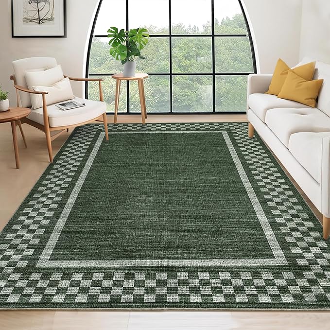 GarveeHome Washable Area Rugs 10x13 Non Slip Soft Large Living Room Rug Modern Checkered Bedroom Rug Soft Geometric Bordered Throw Carpet for Dining Room Home Decor Office Nursery, Green