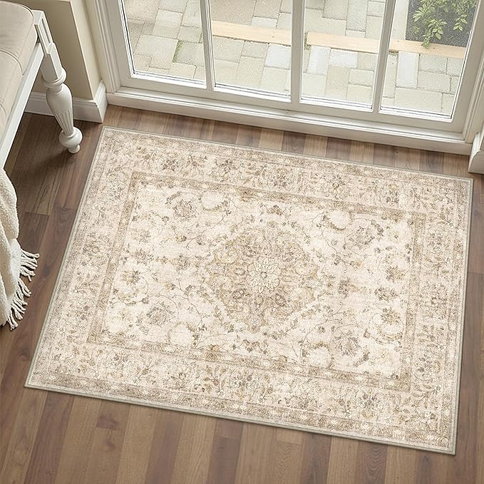 2x3 Beige Area Rug Washable Entryway Vintage Carpet Door Mat Distressed Small Non Slip Low Pile Thin Kitchen Bathroom Medallion Accent Throw Rug Entrance Bedroom Office Living Room