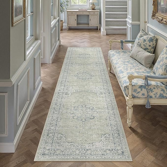 HUGEAR Machine Washable Hallway Runner Rugs 2x8 Vintage Sage Green Neutral Style Non Slip Stain Resistant Low Pile Throw Carpet for Bedroom Kitchen Retro Aesthetic Modern Decor