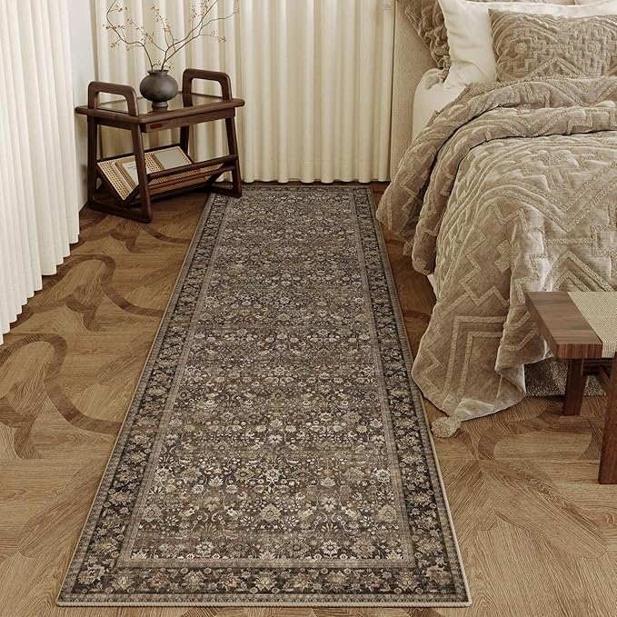HUGEAR 2x8 Runner Rug Machine Washable Brown Hallway Area Rug Indoor Accent Rugs Floral Low Pile Carpet Soft Throw Rugs Bedroom Living Room Office Dining Kitchen Laundry Non Slip