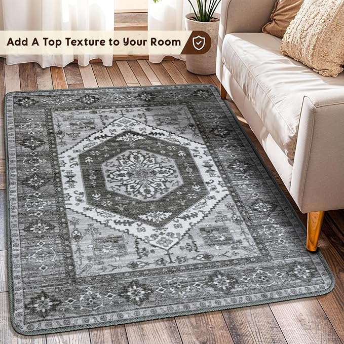 LBRO2M Boho Rug for Entryway Indoor Washable Rug 3X5 Front Door Carpet Non Slip Throw Rugs, Small Rug for Bathroom Kitchen Rugs Pet Friendly Low Piles (3'X5' Deep Gray)