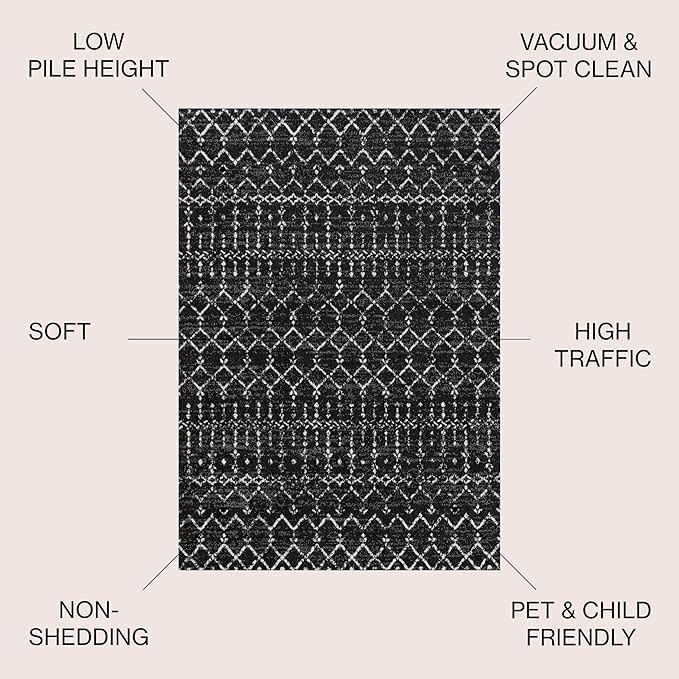 JONATHAN Y Boho Vintage Diamond Black/Ivory Round Area Rug 7 ft, Moroccan Hype for Living Room, Bedroom, Kitchen, Office, Easy-Cleaning, High Traffic, Pet-Friendly, Non-Shedding (MOH101D-7R)