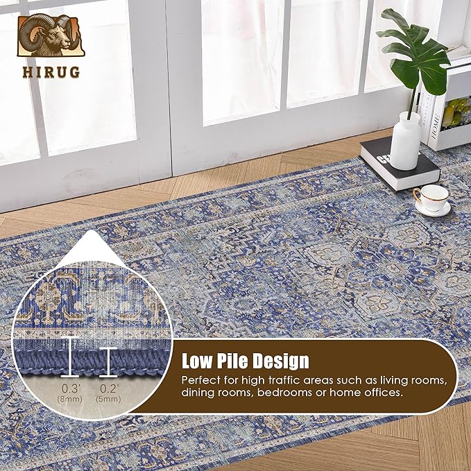 Washable Area Rug 2'6'' x 8' Vintage Traditional Persian Mat - Foldable Distressed Non-Slip Machine Washable Carpet for Living Room Bedroom Kitchen Home Decor - Indigo and Gold