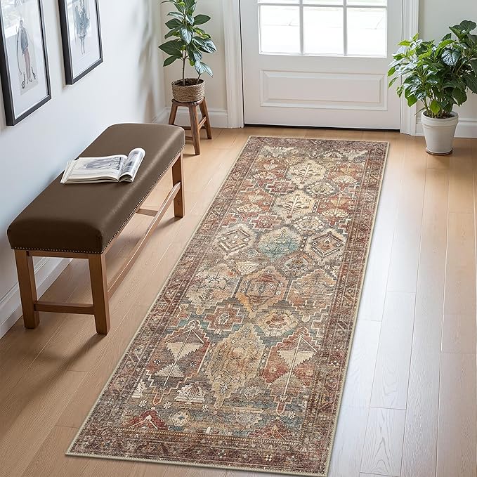 Bavni Washable Rug 3x5 Area Rug for Living Room Bedroom Dining, Washable Vintage Print Carpet, Ultra-Thin Low Pile Lightweight Rug with Non Slip Backing, Reddish Brown