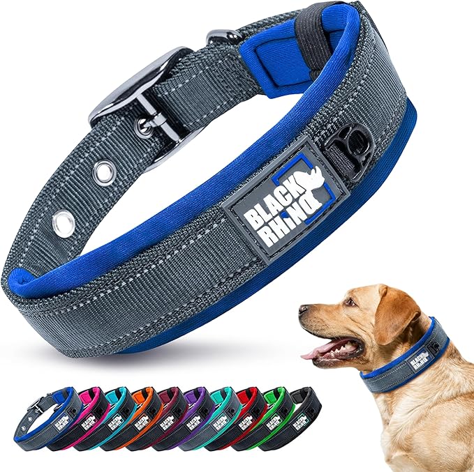 Black Rhino Reflective Dog Collar - Heavy Duty Adjustable Comfort Collar with Ultra Soft Neoprene Padding for All Breeds - Weatherproof, Lightweight Dog Collars for Large Dogs (Large, Blue/Grey)