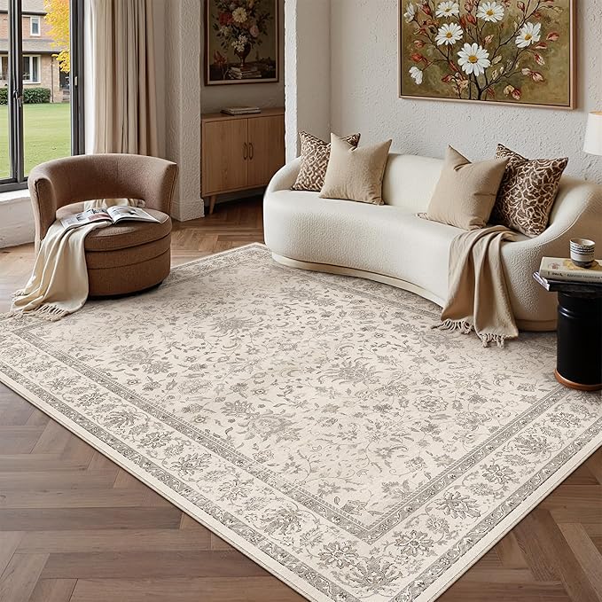 6x9 Area Rug Beige Washable Vintage Carpet Living Room Bedroom Large Non Slip Stain Soft Resistant Low Pile Thin Boho Accent Indoor Throw Rug for Dining Room Office