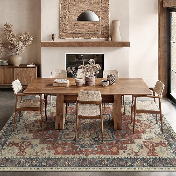 GENIMO 8x10 Area Rugs for Living Room, Machine Washable Non Slip Vintage Rugs, Low Pile Lightweight Chenille Print Rug for Bedroom, Dining Room, Home Office,Bordeaux