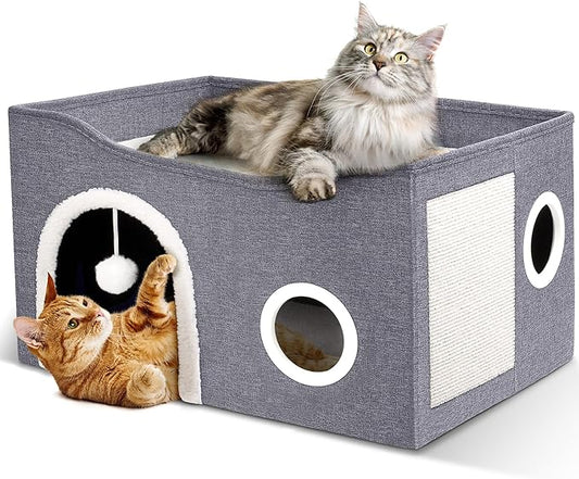 Heeyoo Cat House for Indoor Cats - Large Cat Bed Cave with Fluffy Ball and Scratch Pad, Foldable Cats Houses & Condos, Cat Hideaway, Covered Kitty Bed for Multi Small Large Kitty, 23.8x15.9x13.2 Inch