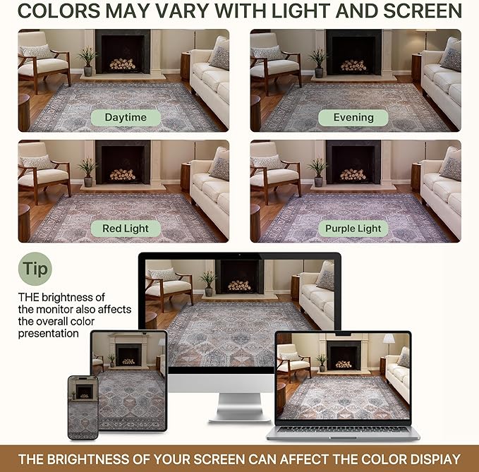 Bavni Washable Rug 8x10 Area Rug for Living Room Bedroom Dining, Washable Vintage Print Carpet, Ultra-Thin Chenille Low Pile Lightweight Rug with Non Slip Backing, Retro Grey