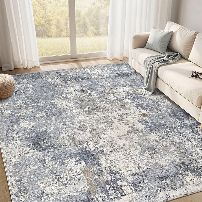 Area Rugs for Living Room: 5x7 Abstract Washable Rug Modern Neutral Large Soft Stain Resistant Non-Slip Backing Machine Table for Bedroom Dining Room Indoor Home Office Carpet - Light Denim Blue