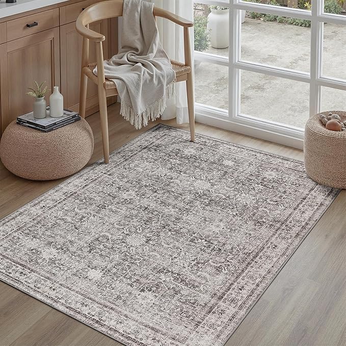 DCX Gray 4x6 Rug, Kid & Pet Friendly with Rubber Back Non Slip, Machine Washable Stain Resistant Vintage Traditional Distressed Carpet, Rug for Living Room, Bedroom, Home Decor