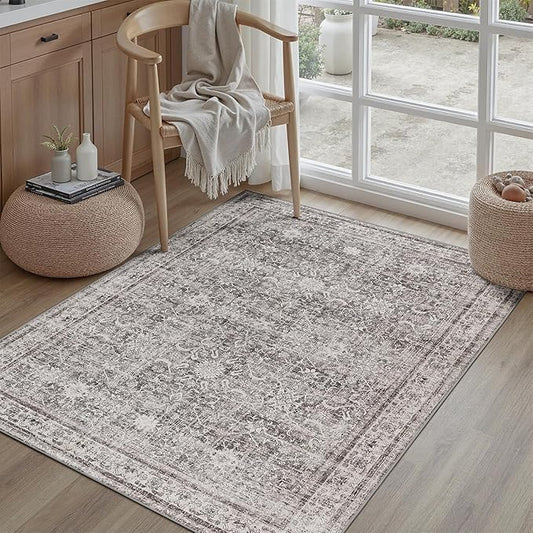 DCX Gray 4x6 Rug, Kid & Pet Friendly with Rubber Back Non Slip, Machine Washable Stain Resistant Vintage Traditional Distressed Carpet, Rug for Living Room, Bedroom, Home Decor