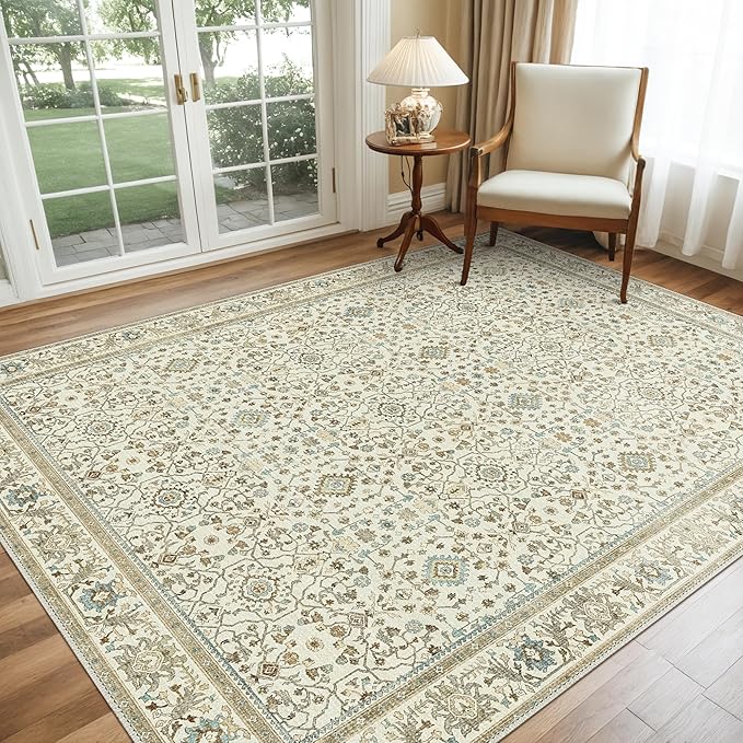 GENIMO Machine Washable 6x9 Area Rugs for Living Room, Non Slip Vintage Rugs, Low Pile Lightweight Chenille Print Rug for Bedroom, Dining Room, Home Office, Retro Yellow