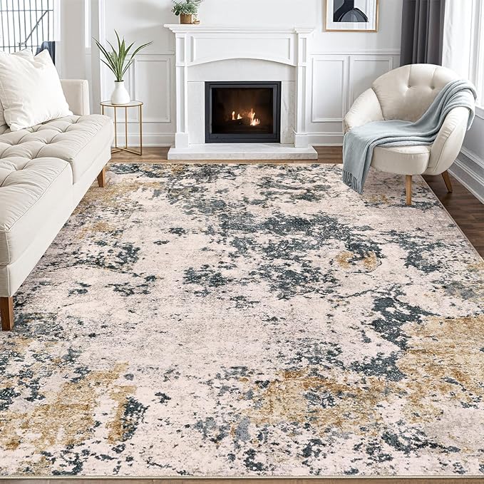 Area Rugs for Living Room: 7x9 Abstract Washable Rug Large Soft Stain Resistant Non-Slip Backing for Bedroom Dining Room Indoor Home Office Carpet for Kids Pet Friendly Families - Grey Gold
