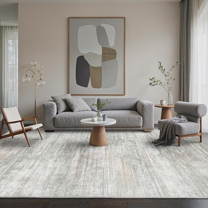 Area Rugs 5x7 for Living Room Bedroom, Modern Abstract Machine Washable Rug, Large Soft Low Pile Floor Carpet with Non Slip Backing for Dining Room, Light Grey/Beige