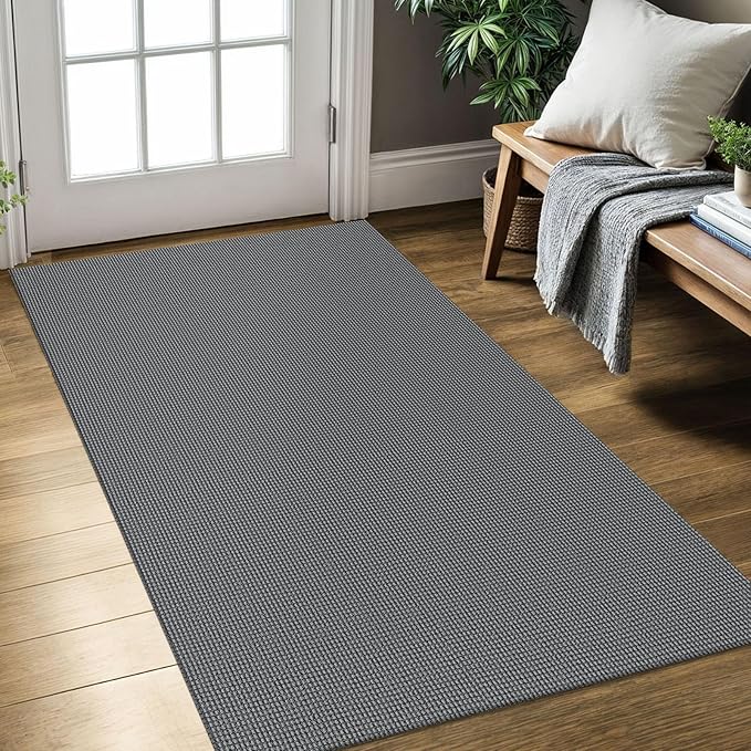 KOZYFLY Rugs for Entryway 3x5 ft Washable Area Rug Non Slip Rubber Backed Entry Rug Woven Indoor Door Mat Cotton Kitchen Rugs Floor Carpet for Entryway, Foyer, Backdoor, Grey/Dark Grey