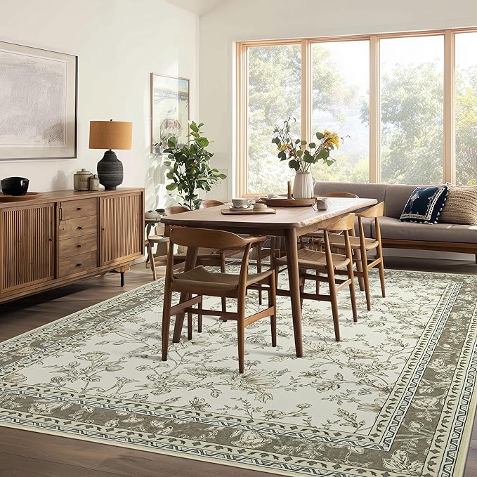 Taupe Boho Living Room Rug 5x8, Washable Low Pile Non Slip Area Rugs for Bedroom, Dining Room, Office, Farmhouse Retro Carpet Indoor Grey Beige Tan Pattern Aesthetic Sketch Style Vintag Room Decor