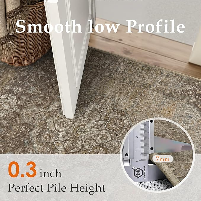 4x6 Brown Washable Vintage Area Rug for Living Room Bedroom Non Slip Distressed Traditional Soft Throw Rug Low Pile Lightweight Floral Carpet Laundry Dining Room Kitchen Office Kitchen