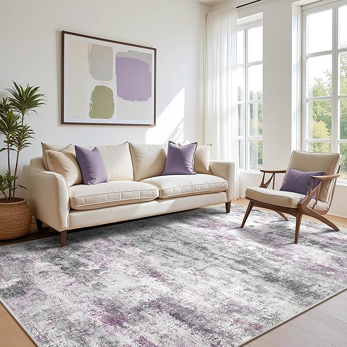 Area Rugs 5x7 for Living Room Bedroom, Modern Abstract Machine Washable Rug, Large Soft Low Pile Floor Carpet with Non Slip Backing for Dining Room, Grey/Purple