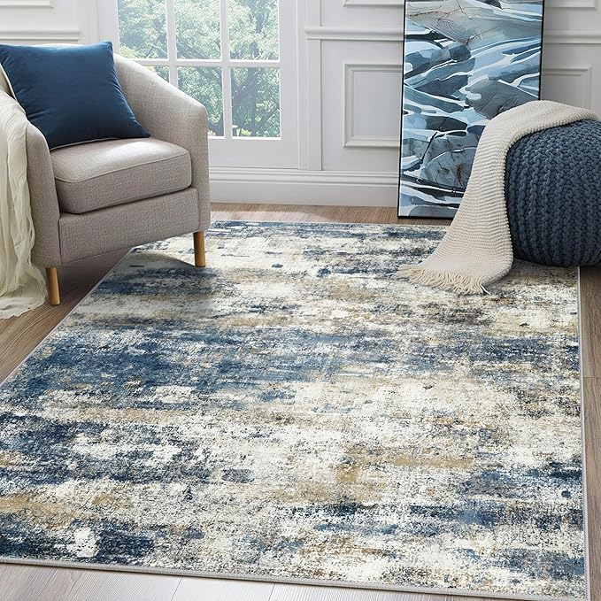 Machine Washable Rug 5x7 Area Rugs for Living Room Bedroom, Large Navy Blue Beige Abstract Area Rug Soft Throw Rugs, Low-Pile Floor Carpet with Non Slip Rubber Backing