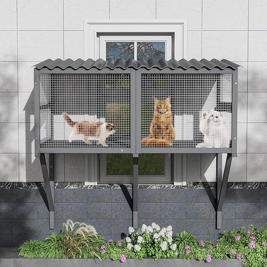 Outdoor Cat Window Perch, Catio Cat Enclosure Window Box Access with Double Doors for Cats Tunnel, Cats Patio w/All-Weather Roof for Indoor Kitty Sunbathing, Napping