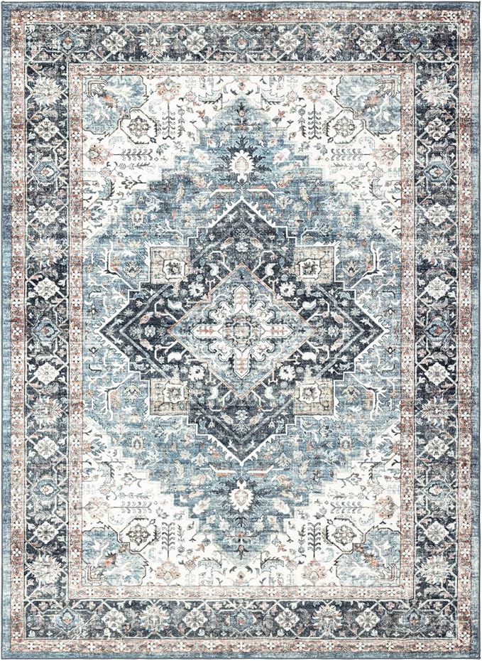 Area Rug 5횞7, Vintage Boho Rug,Ultra-Soft Low Pile, Washable, Non Slip,Stain Resistant Printed Carpet for Living Room Bedrooms Playroom Office Kitchen, Blue/Navy