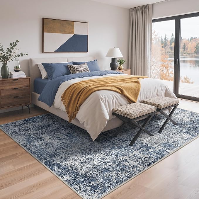 GENIMO Washable Area Rugs for Living Room, 8x10 Modern Non Slip Rugs, Low Pile Lightweight Soft Print Rug for Bedroom, Dining Room, Home Office, Deep Sea Blue